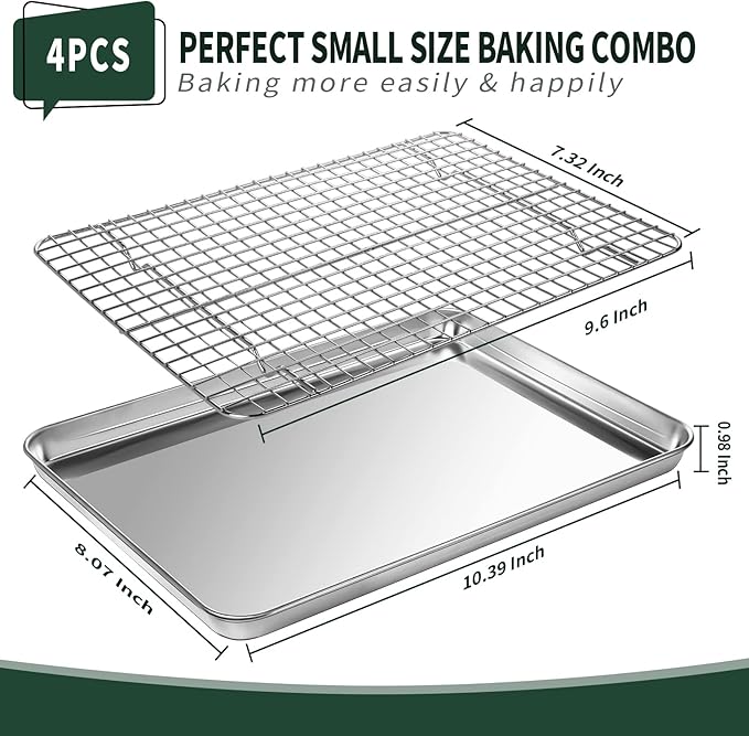 CEKEE 4 PCs Small Baking Sheet With Wire Rack Set [2 Pans + 2 Cooling Racks], 10 Inch Stainless Steel Tray - Rust & Warp Resistant, Easy Clean