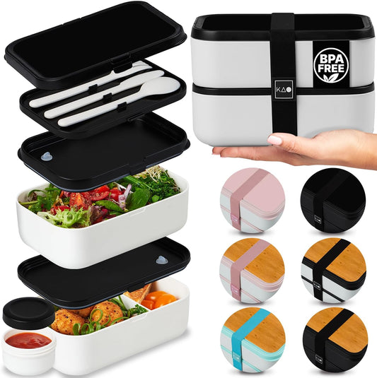 Double Premium Bento Box Adult, 67 fl oz BPA-Free - Cream Stackable Lunch Box with Leak-Proof Lids & Dividers, Perfect for Meal Prep, Lunches & Portion Control