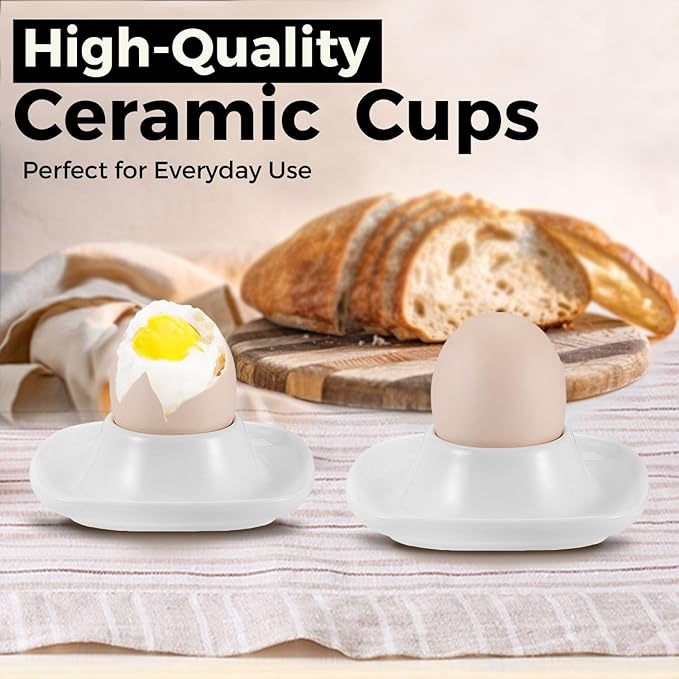 Flexzion Soft Boiled Egg Holder Set - Egg Cups for Soft Boiled Eggs British - Set of 6 Ceramic Egg Holder - Stackable Egg Coddler Cups with Base for Serving, Breakfast, Brunch, White