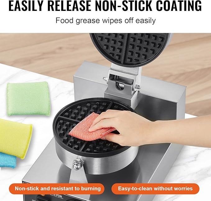 VEVOR Commercial Waffle Maker, 1230W Round Waffle Baker Machine, Non-Stick Stainless Steel Belgian Waffle Iron with Temperature and Time Control, Handle, for Restaurant Bakery Snack Bar Family