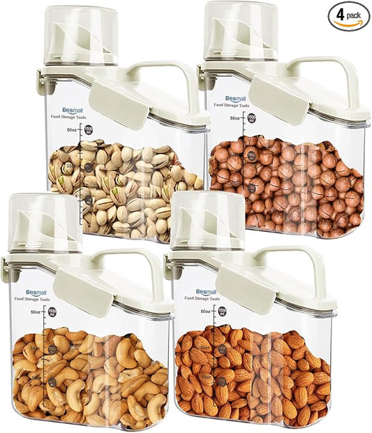 Small Cereal Containers Storage with Pour Spout and Measuring Cup Food Storage Containers Airtight Plastic Dry Food Dispenser for Flour, Grain, Rice, White, 1.6L / 54oz (4pcs)