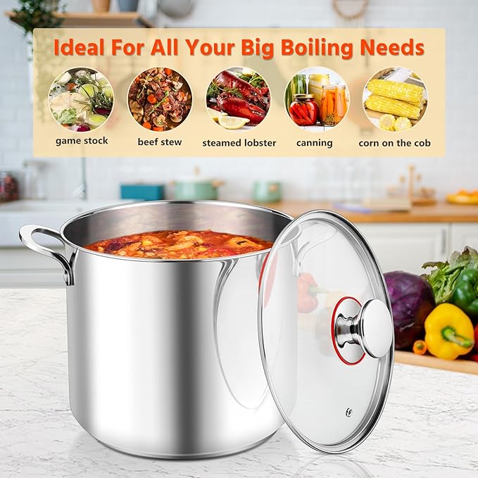 E-far 12-Quart Stock Pot, 18/10 Stainless Steel Stockpot with Lid for Cooking Simmering Soup Stew, Heavy Duty Cookware Works w/Induction, Non-toxic & Corrosion Resistant, Dishwasher Safe