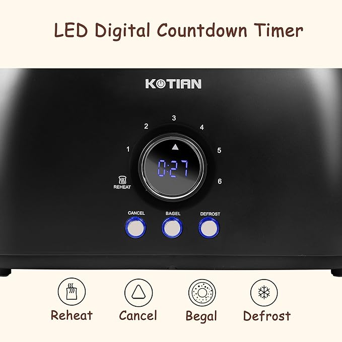 Toaster 4 Slice,KOTIAN Retro Long Slot Toasters with Countdown Timer,Stainless Steel Toaster,Bagel,Defrost,Reheat,Cancel Functions,Extra Wide Slots,6 Toast Settings,Removable Crumbs Tray,Matte black