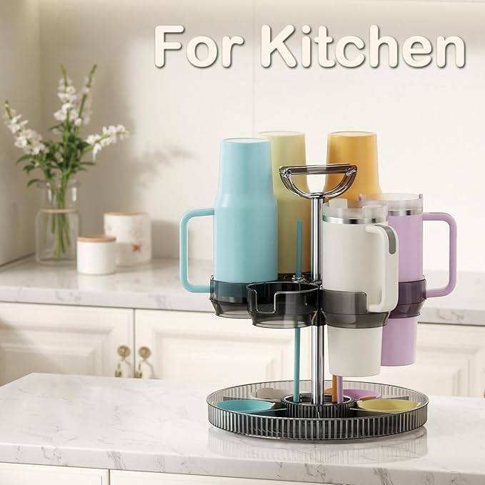 Rotating Stanley Cup Holder, Portable Water Bottle Organizer for 6 Stanley 40 oz & Mug, Adjustable Lazy Susan Organizer for Table Top Cabinet Home Countertop Pantry Shelf Tumbler Lid Organizer