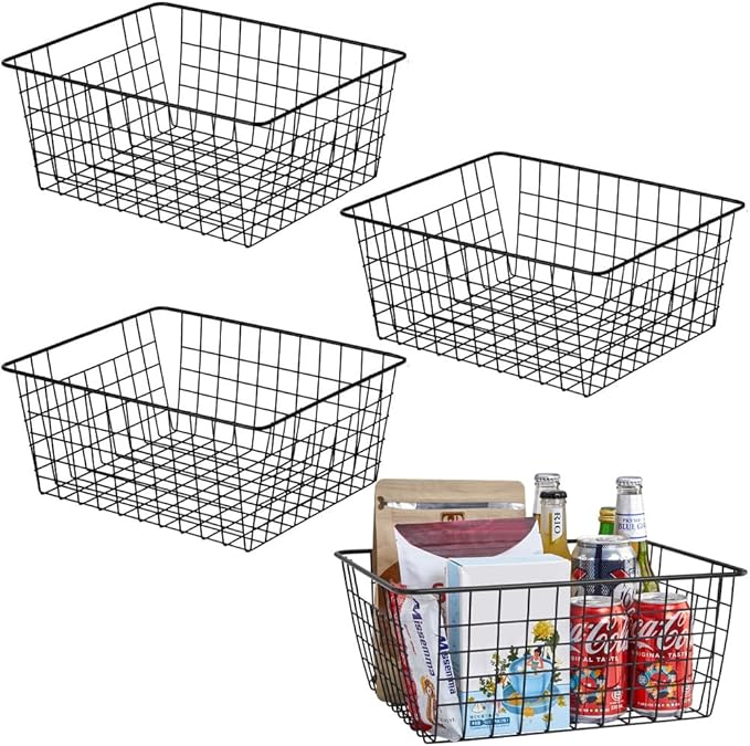 Kitchen Wire Baskets Farmhouse Decor Metal Food Storage Organizer,Household Refrigerator Bin with Built-in Handles for Cabinets,Pantry,Bathroom,Black