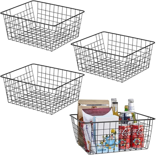 Kitchen Wire Baskets Farmhouse Decor Metal Food Storage Organizer,Household Refrigerator Bin with Built-in Handles for Cabinets,Pantry,Bathroom,Black