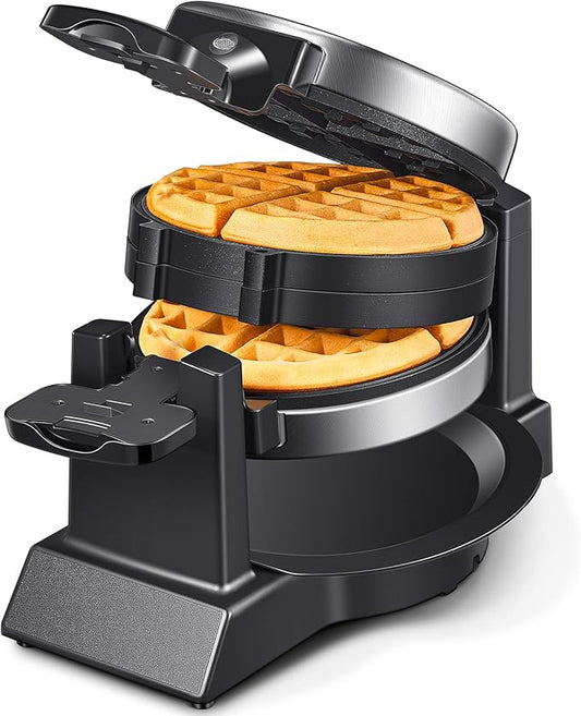 Classic Waffle Iron, Double Belgian Waffle Maker 180°Flip, 1400W Waffle Iron 8 Slices, Rotating & Nonstick Plates with Removable Drip Tray, Cool Touch Handles, Stainless Steel (8 Slices)