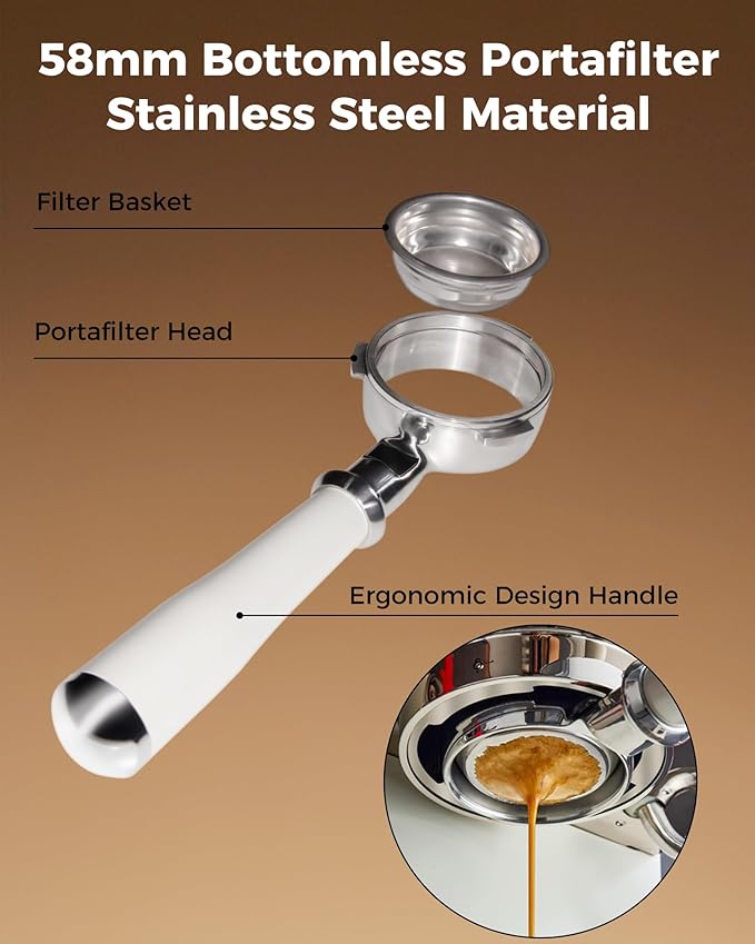 Tuni E2 58mm Espresso Machine with Bottomless Portalfilter Combo Set, 58mm Stainless Steel Bottomless Portalfilter, Dual Boiler System Espresso Maker