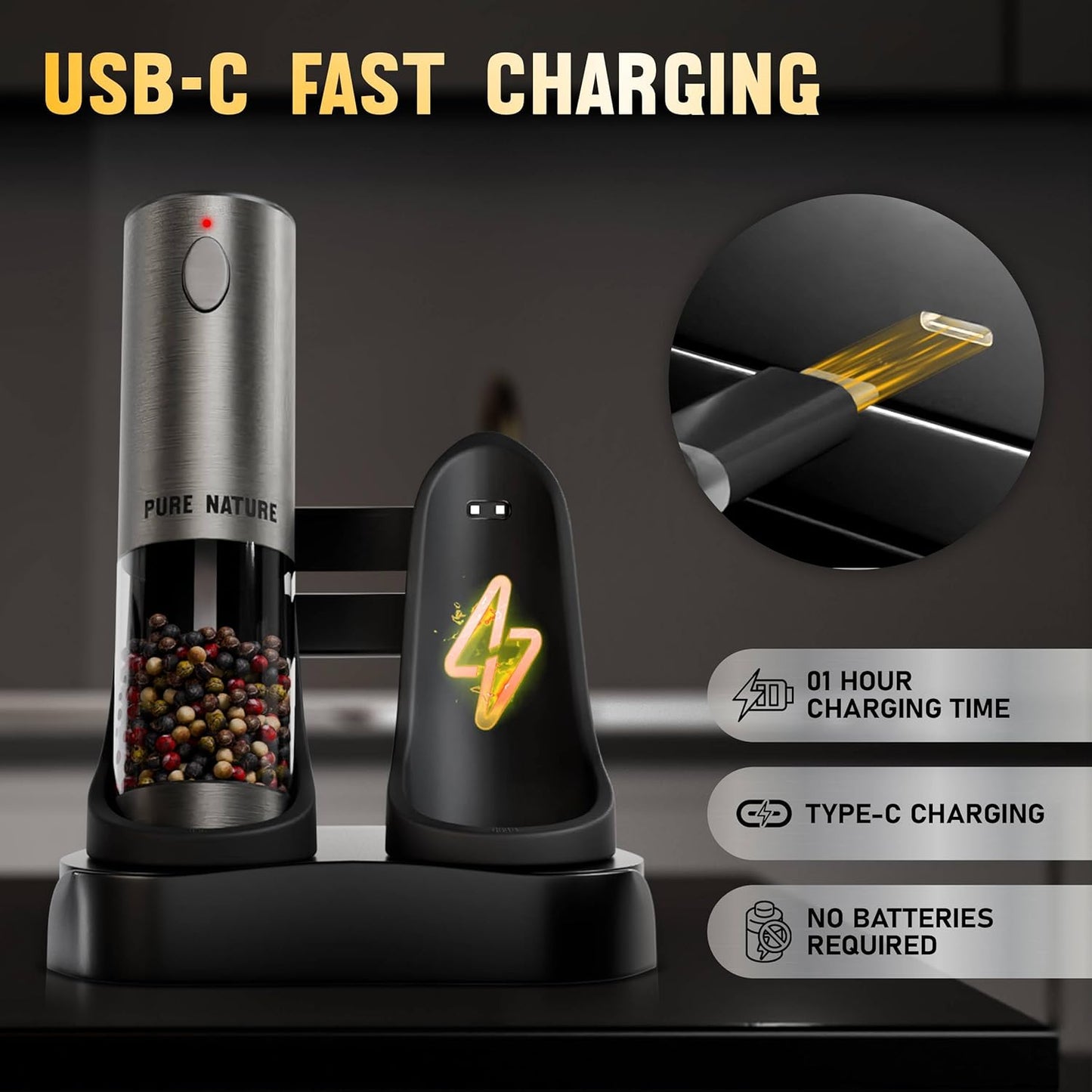 Pure Nature Salt and Pepper Grinder Set with rechargeable base. Premium Stainless Steel up-graded larger capacity with LED Lights, 5 Adjustable Coarseness, Refillable, Type-C Fast Charging.