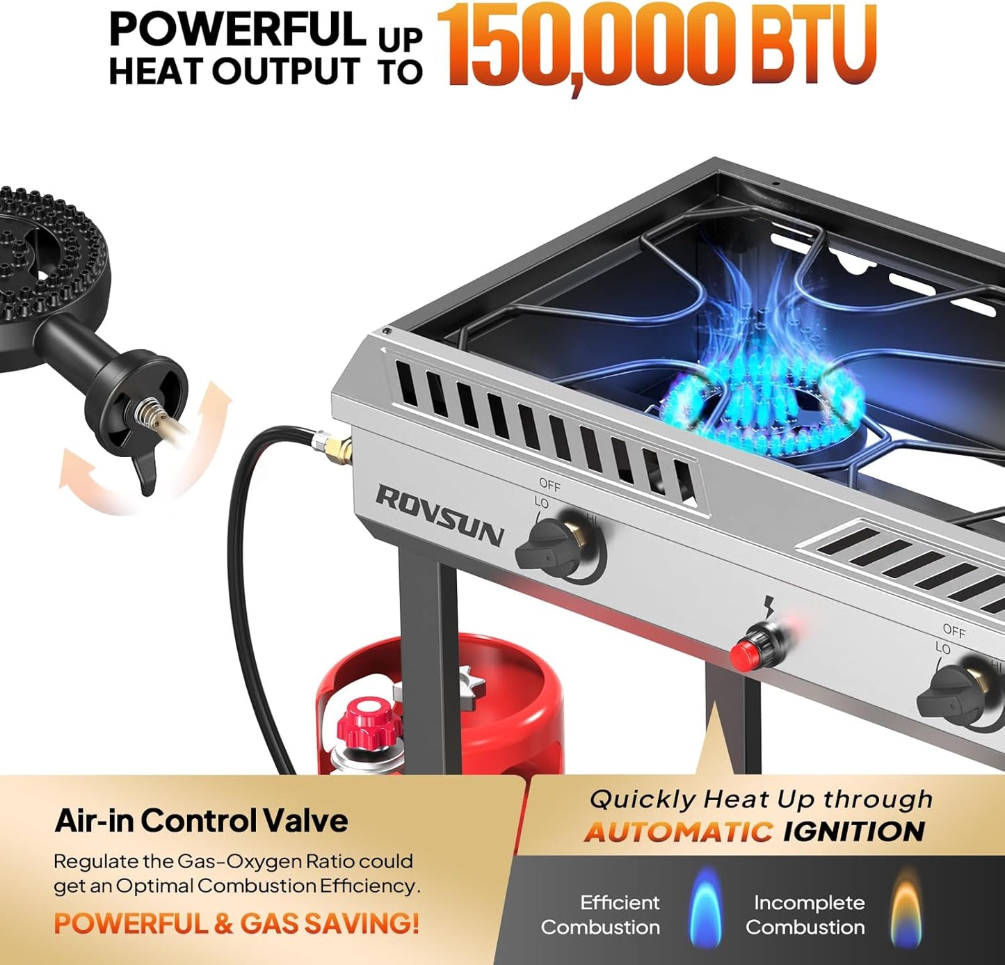 ROVSUN 2 Burner Outdoor Propane Gas Stove with Auto-ignition, Regulator & Shelf, 150,000 BTU Powerful Stand Cooker for Backyard Patio Cooking Home Brewing Canning Turkey Frying