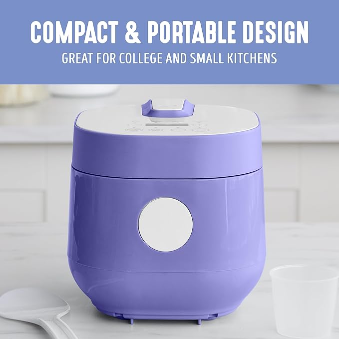 GreenLife Digital Rice Cooker, 2-Cups Uncooked/4-Cups Cooked, Removable Nonstick Ceramic PFAS-Free Pot, One-Touch Presets, Oats, Quinoa, Brown Rice, Auto Keep Warm, Fuzzy Logic Tech, 1.5 QT, Periwinkle