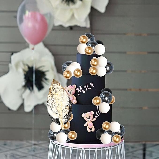 Gyufise 21 Pack Flower Boho Cake Topper Ball Cake Decorations Palm Leaves Plants Cake Decor for Girl Bohemian Princess Theme Wedding Baby Shower Birthday Party Supplies Black Gold