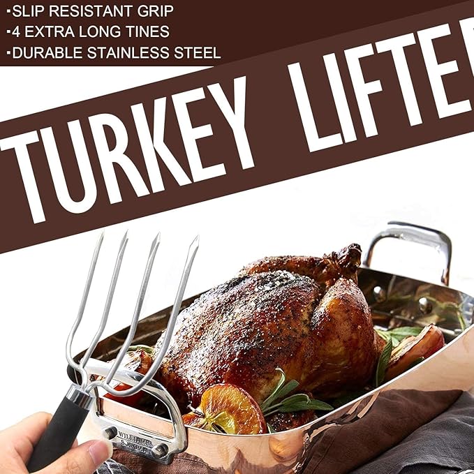 KAYCROWN Turkey Baster and Roast Lifters with Non-Slip Handle, Rubber Baster with 2 Marinade Needles & Stainless Steel Poultry Forks Set