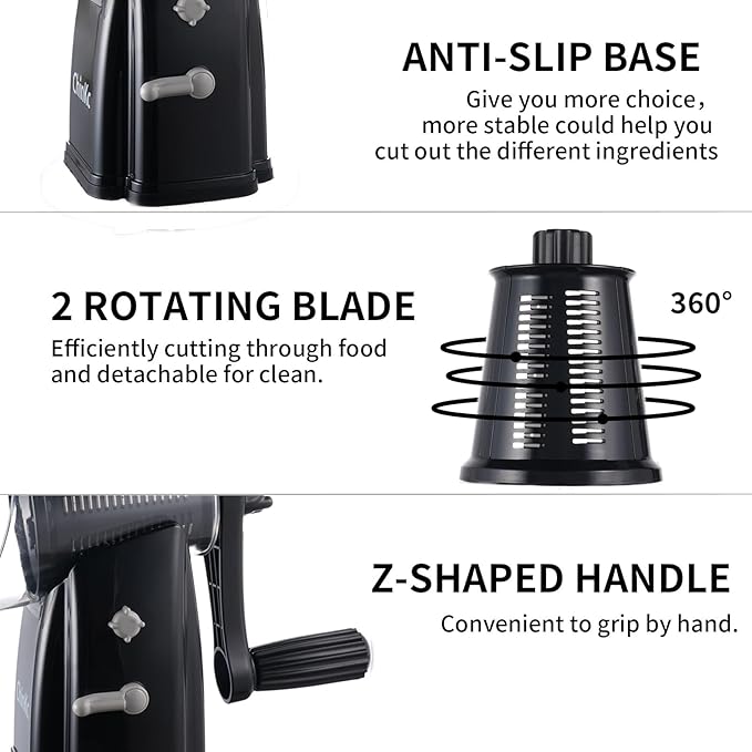 Rotary Cheese Grater Shredder - Upgraded 5 in 1 Cheese Grater with Handle and Strong Suction Base, Multi-purpose Julienne Slicer Ice Shaver Nuts Grinder for Ice, Vegetables, Fruit, Nuts
