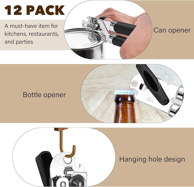 12 Pcs Can Opener Manual Multifunctional Tin and Can Opener Smooth Edge with Sharp Blade Hand Held Soft Grip Handle Bottle Opener Quick Opening Tool with Large Turn Knob for Kitchen
