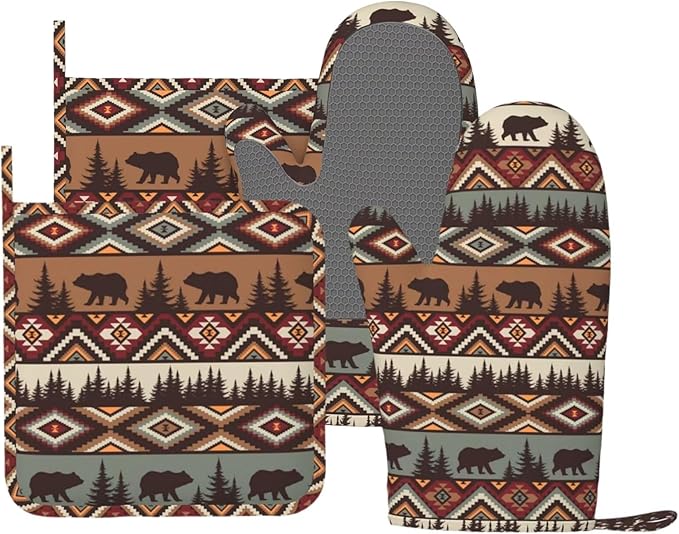 Vintage Rustic Bear Oven Mitts and Pot Holders 4 pcs Set Silicone Bear Mountain Kitchen Oven Mitt Gloves Country Cabin Themed Pot Holders Non-Slip Heat Resistant Cooking Mitts Set for Grilling