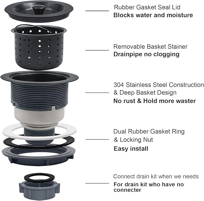 3-1/2-Inch Kitchen Sink Drain Strainer Assembly Kit Black, GZILA Deep Waste Basket Strainer with Sealing Lid Sink Stopper, 304 Stainless Steel