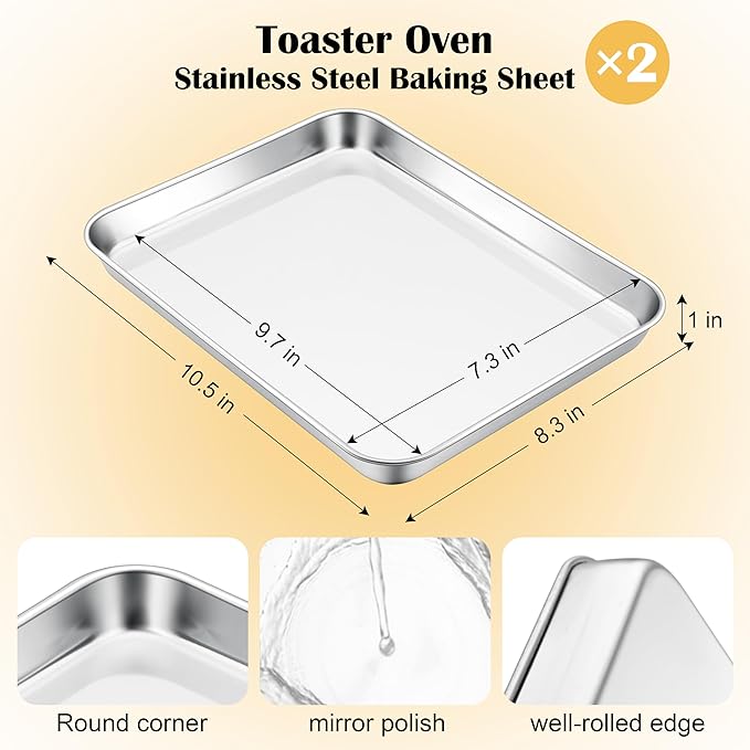 E-far Small Baking Sheet Set of 2, 10.5”x8.3” Stainless Steel Cookie Sheets Pans, Compact Non-toxic Metal Toaster Oven Trays for Cake, Healthy & Rust Free, Mirror Finish & Dishwasher Safe