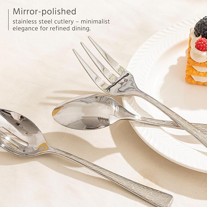 KINGSTONE Hammered 5-Piece Serving Utensil Set, 18/10 Stainless Steel Flatware for Catering, Party Include Spoons, Slotted Spoon, Fork, Butter Knife - Mirror Finish & Dishwasher Safe