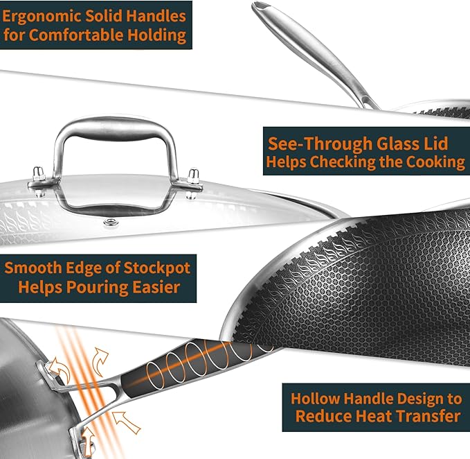 DELARLO Tri-Ply Stainless Steel Wok Pan With Lid 13 Inch, Oven Safe Up to 600℉,Woks & Stir-Fry Pans Nonstick Wok, Deep Frying Pan Efficent Fast Even Heating