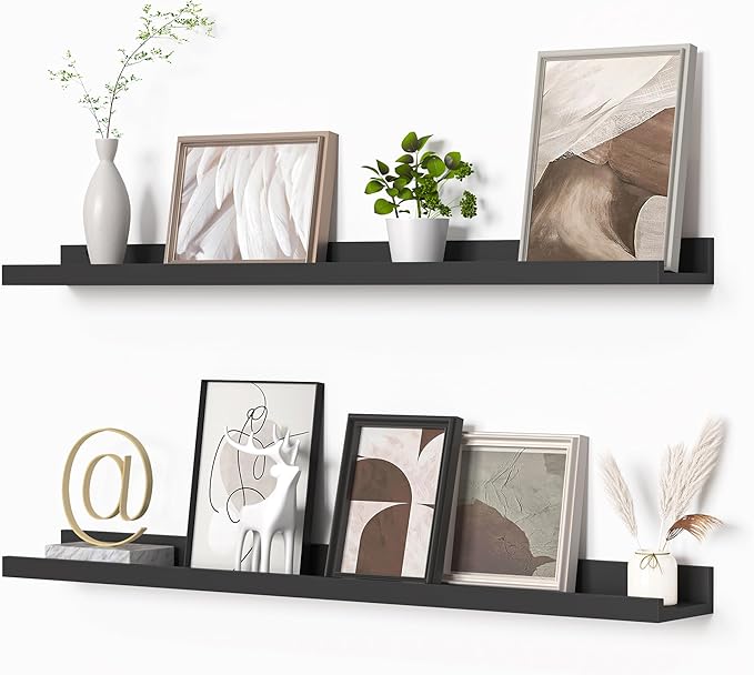 Heimlove Picture Ledge Shelf, Floating Shelves Set of 2, 36 Inches Picture Shelf for Wall with Ledge, Kids Bookshelf Wall Mounted for Living Room Bedroom Decor Books Photo Frames - Black