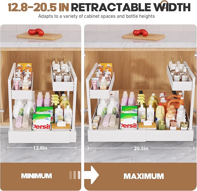 Expandable Under Sink Organizer with 3 Ball-Bearing Slide Rails, 2-Tier Pull-Out Under Cabinet Storage Shelf for Kitchen & Bathroom, Height-Adjustable Slide-Out Cabinet Drawer （White, 1-Pack）
