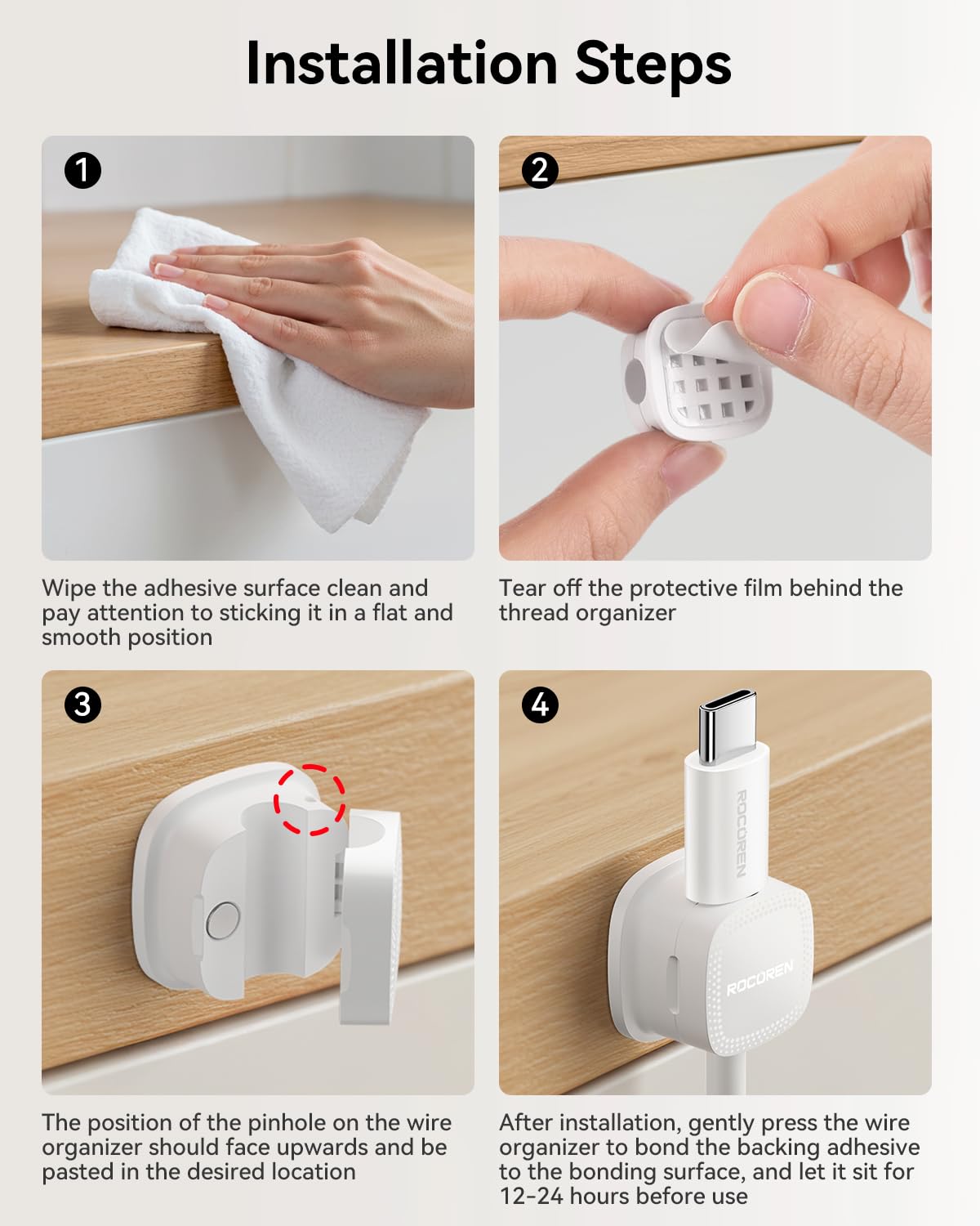 6-Pack Magnetic Cable Clips Cord Organizer-Cable Smooth Adjustable, Rocoren Desk Cable Management Accessories,Cable Holder Clips Wire Holder Keeper for Desktop,Nightstand,Home Office,Workspace,Phone