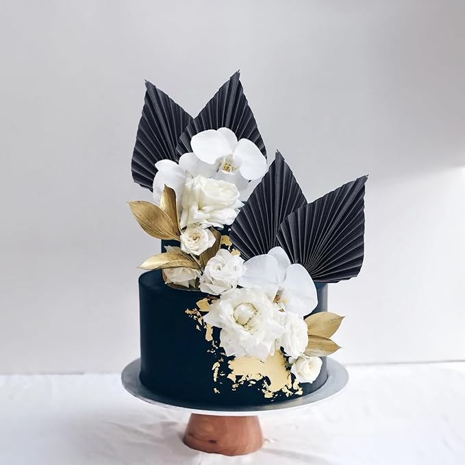 Gyufise 6Pcs Paper Palm Fan Cake Toppers Palm Spear Leaves Fan Cupcake Toppers Cake Insert Decorations Craft DIY Cake Bakeware Decoration for Birthday Party Wedding Party Decor Supplies Black