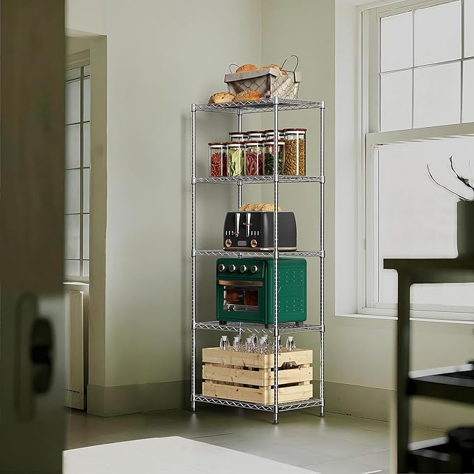 1250 lbs 5 Tier Shelf Metal Storage Shelves Wire Rack Closet Organizers with Wheel for Garage Kitchen Bathroom Laundry Chrome 13.7" D x 23.6" W x 62.4" H