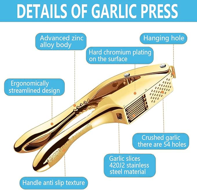 Garlic Press and Slicer 2 in 1, Rust Proof & Dishwasher Safe Professional Garlic Mincer Tool, Effortlessly Crush and Mince Garlic with this Ergonomic Handle-Garlic Peeler & Brush ANCQMI(Gold)