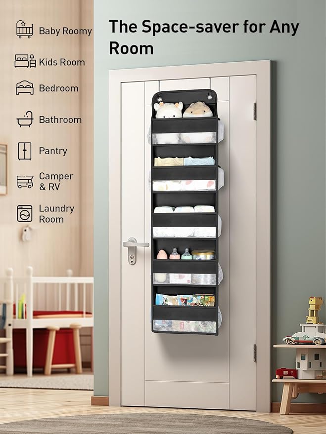 Yecaye 2 Pc Over the Door Organizer with 5 Bins 10 Side Pockets, 44lbs Load Hanging Bathroom and Bedroom Organizer, behind the Door Hanging Organizers for Nursery Newborn Baby Essential Stuff Black