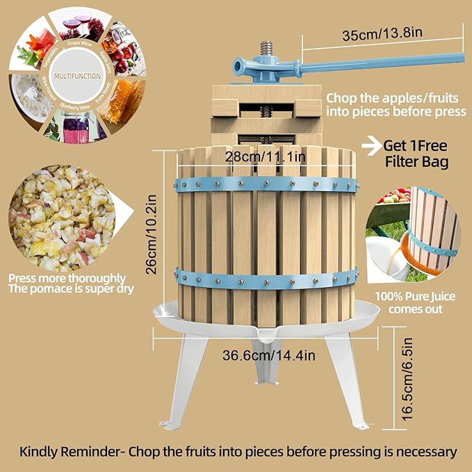 SQUEEZE master Fruit Apple Cider Wine Press-Blue-3.17 Gallon/12L-Solid Wood Basket-Vintage traditional juicer-Pole Handle Bar for Juice,Wine-1 free filter bag included