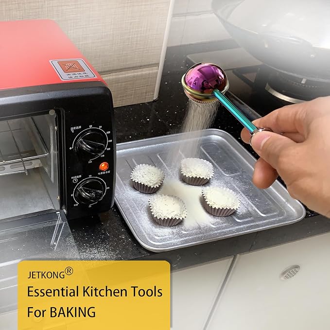 JETKONG Powdered Sugar Shaker Duster Flour Dispenser Shaker with 18/8 Stainless Steel Spring-operated Handle for Sugar Flour and Spices (Rainbow)