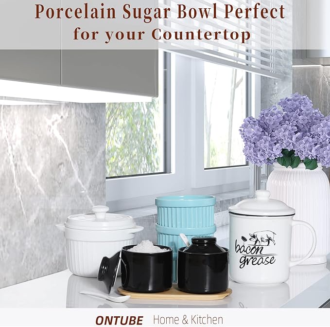 ONTUBE Ceramic Sugar Bowl with Lid and Spoon Set of 2,Porcelain Seasoning Box Salt Bowl with Tray,8oz (Black)