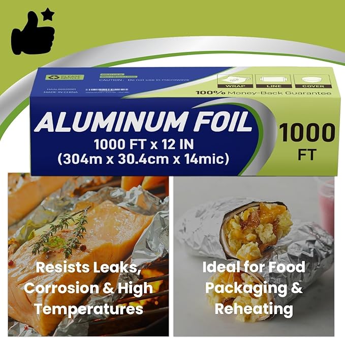 Aluminium Foil 12''x1000 Sq.Ft for Food, Heavy Duty Tin Foil Roll, Non-Stick Disposable Food Wrapping for Restaurant,BBQ,Roasting