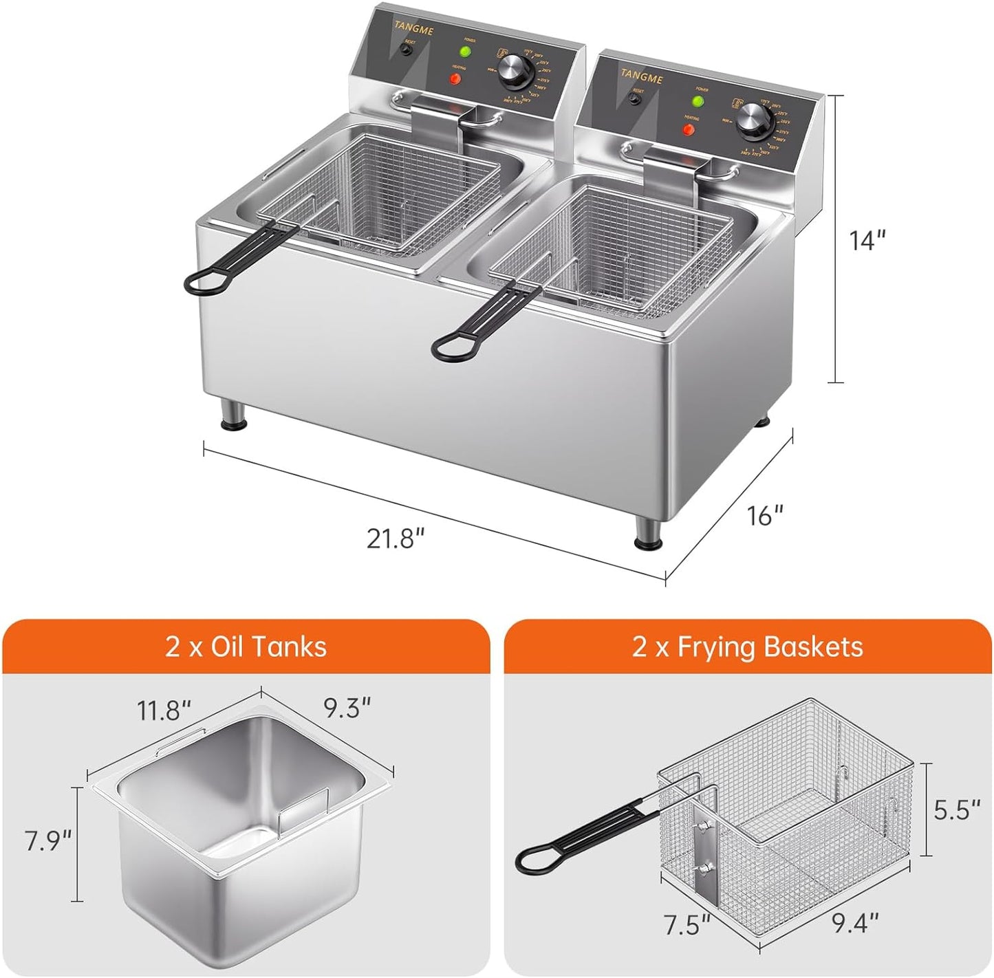 Commercial Deep Fryer 3500W Electric Countertop Fryer 25.4Qt Heavy Duty Large Stainless Steel Deep Fryers with Double Baskets, Lid and High Legs for Restaurant, UL Certified