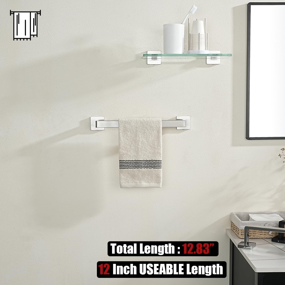 JQK Brushed Towel Bar, Rounded Edges 14.41 Inch Towel Rack, 304 Stainless Steel Bathroom Wall Mount, Useable Length 12 Inch, TB250L12-BN