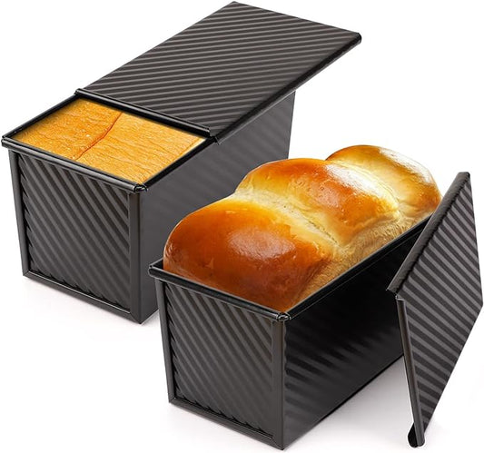 Beasea Pullman Loaf Pan with Lid, 2 Pack 1 lb Non-Stick Black Bread Loaf Pans for Homemade Bread Carbon Steel Toast Box with Cover for Bakeware Toast Oven Baking