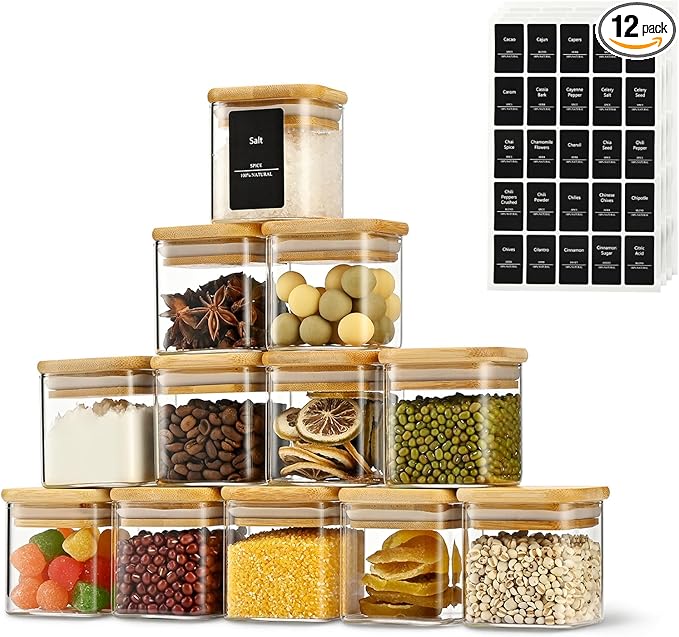 5oz Airtight Square Spice Containers with Bamboo Lid Set of 12 with Black Lables Storage Stackable Spice Jar, Kitchen Canister for Sugar, Tea, Flour, Salt and Seasonings (‎Clear Glass)