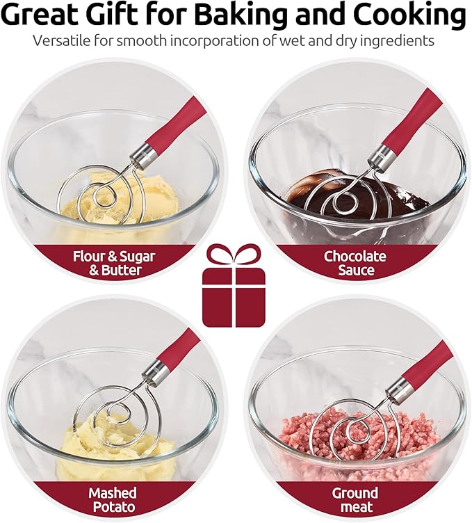 U-Taste 12.6in Danish Dough Whisk: 18/8 Stainless Steel Heavy-Duty Sourdough Mixer Tool, Food Grade Dutch Style Seamless Bread Wisk, Sturdy for Mixing, Stirring, Pressing, Kneading Thick Batter (Red)