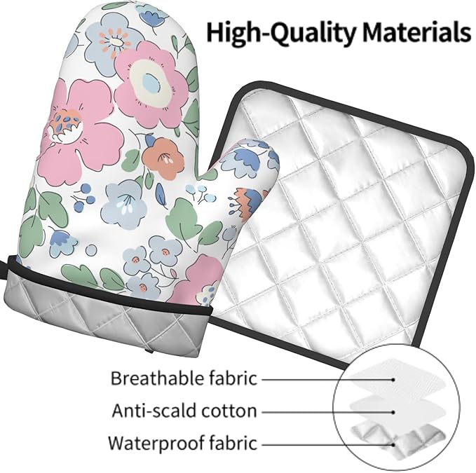 Pink Floral Oven Mitts and Pot Holder Set of 2 Watercolor Flower Heat Resistant BBQ Gloves Hot Pads for Kitchen Baking Cooking Microwave