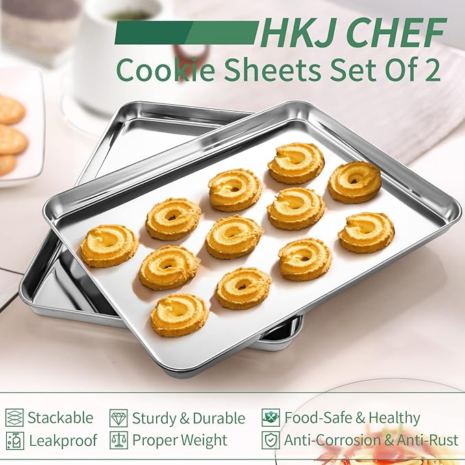Baking Sheets Set of 2, HKJ Chef Cookie Sheets 2 Pieces Stainless Steel Baking Pans & Toaster Oven Tray Pans, Rectangle Size 20L x 14W x 1H inch & Non Toxic & Healthy & Easy Clean