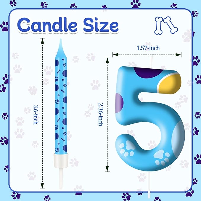 13PCS Blue Dog Paw Birthday Candles Set Cake Topper Numeral Birthday Candles for Boy Girl Dog Paw Decoration(Number 5)