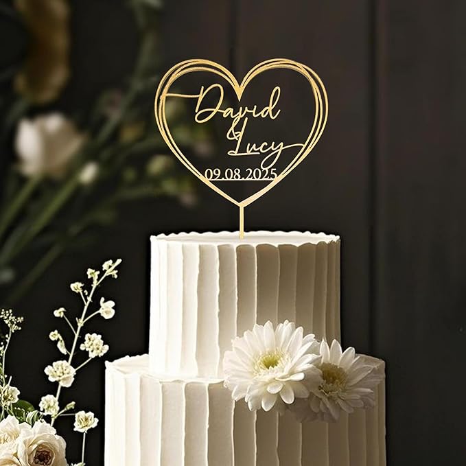 Personalized Wedding Cake Topper, Gold Cake Topper For Wedding, Rustic Weddings Cakes Topper, Personalized Acrylic or Wood Cake Decoration for Engagement, Anniversary, Bridal Shower 2