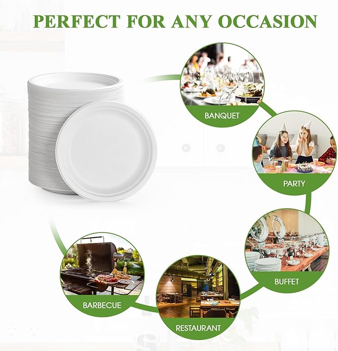 Vplus 350 Pack Paper Plates 7 inch 100% Compostable, Heavy-Duty Disposable Paper Plates Bagasse Natural Biodegradable Eco-Friendly Sugarcane(White)