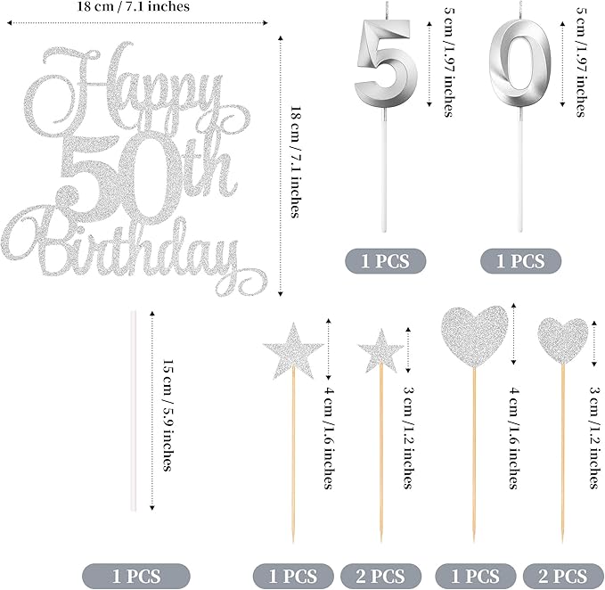 50th Birthday Cake Decorations, 50th Birthday Candles Cake Numeral Candles and Glitter Happy 50th Birthday Cake Toppers Set for Birthday Party Supplies (Silver)
