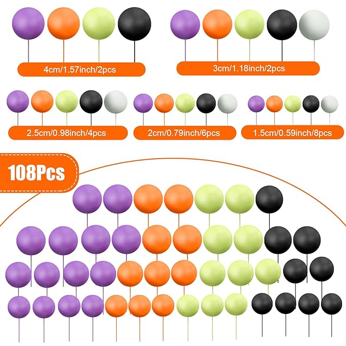 108 Pcs Balls Cake Topper DIY Cupcake Insert Foam Balloons for Cake Baking Wedding Anniversary Birthday Decoration(Purple Orange Black Green White,Multi Sizes)