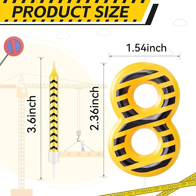 13 Pcs Construction Themed Birthday Candles Set Yellow and Black Number 8 Candle Cake Topper for Construction Party Decoration Supplies (Number 8)