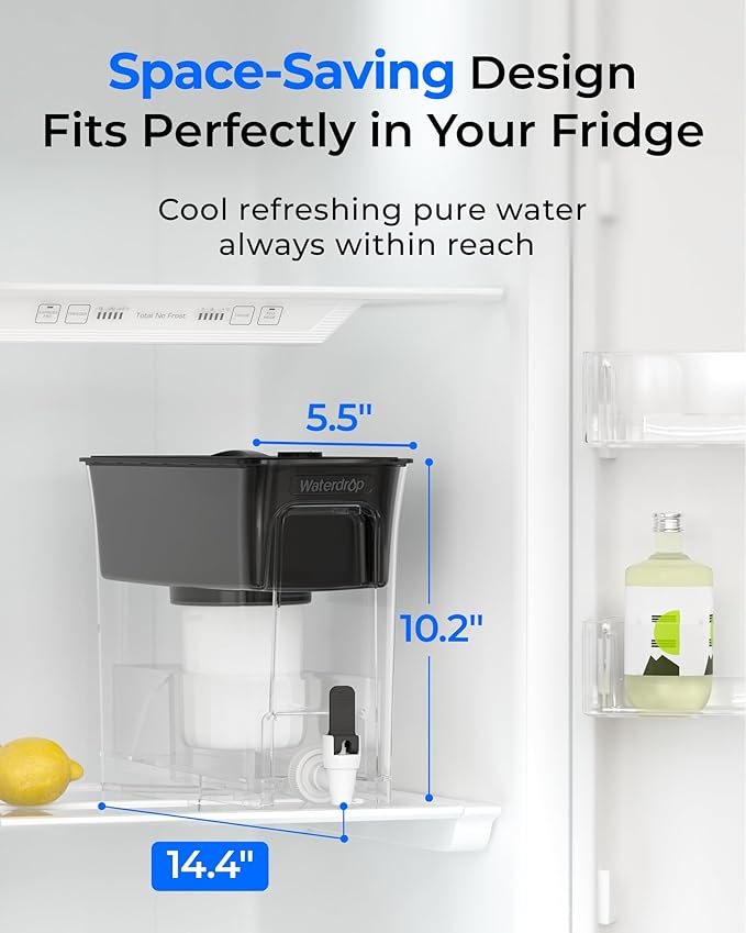 Waterdrop 35-Cup 0 TDS Slim Water Filter Dispenser, Large Capacity, Reduces TDS, Chlorine, PFOA/PFOS and More, BPA Free, Black (with 1 Filter)