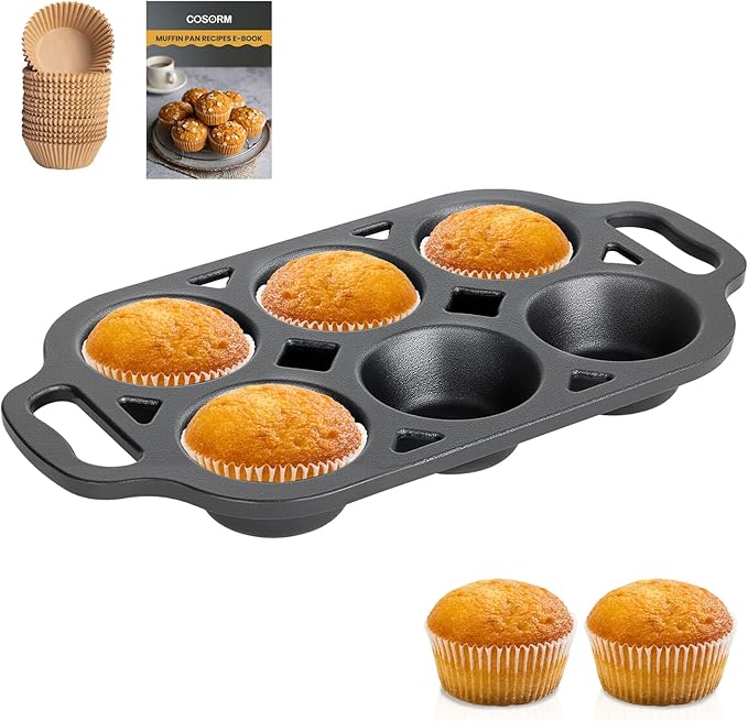 6 Cup Cast Iron Muffin Pan - Pre-Seasoned Nonstick Muffin Tin, Regular Size Cupcake Baking Pan